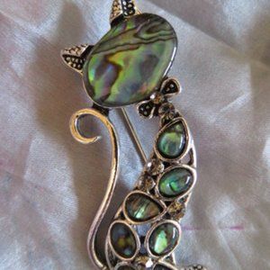 nwot Cute Silver Tone & Abalone CAT Brooch 2" (F17)